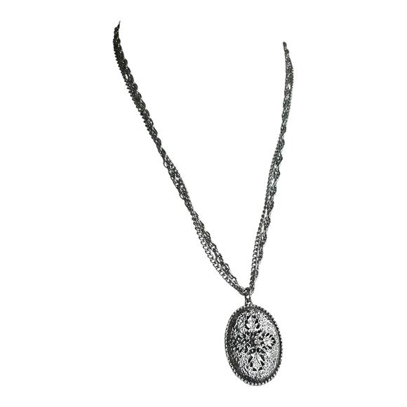 Silver Tone Double Strand Filigree Scroll Openwork Double Sided Pendant Necklace - Picture 2 of 7